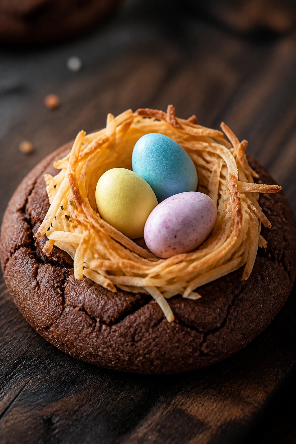 Close-up of chocolate bird nest sugar cookie with almond nest