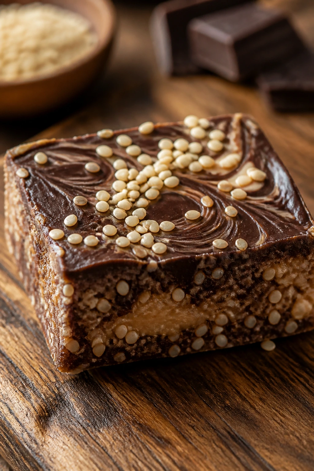 Close-up of a Chocolate Tahini Sesame Bar on a wooden cutting board with sesame seeds