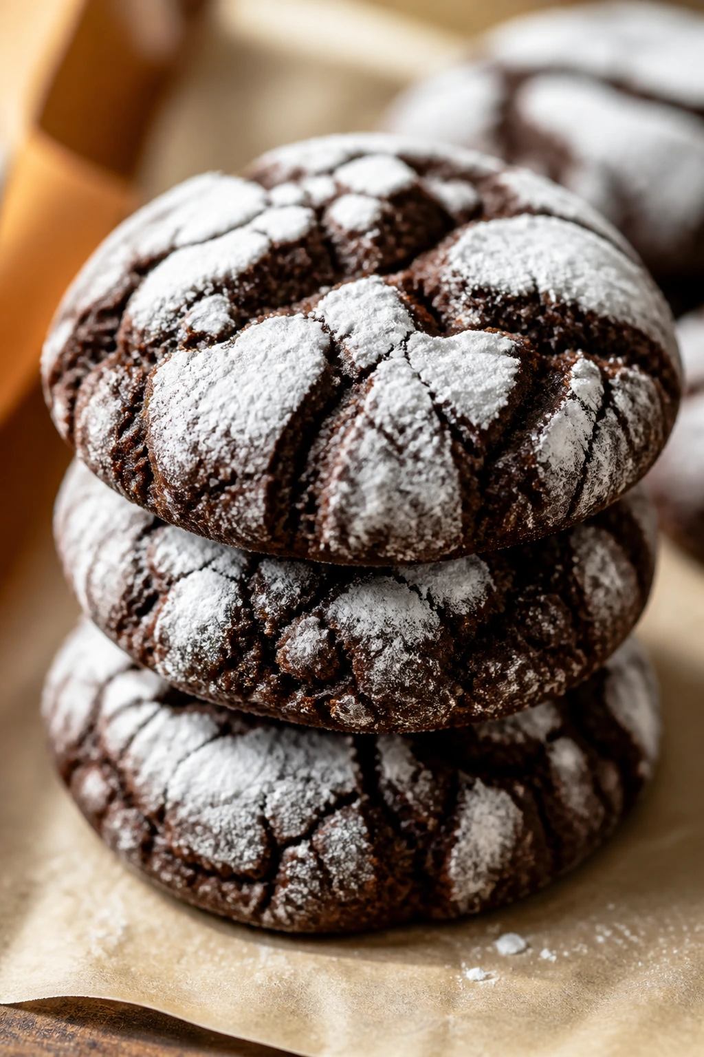 Crinkle cookies with chocolate and tahini on parchment