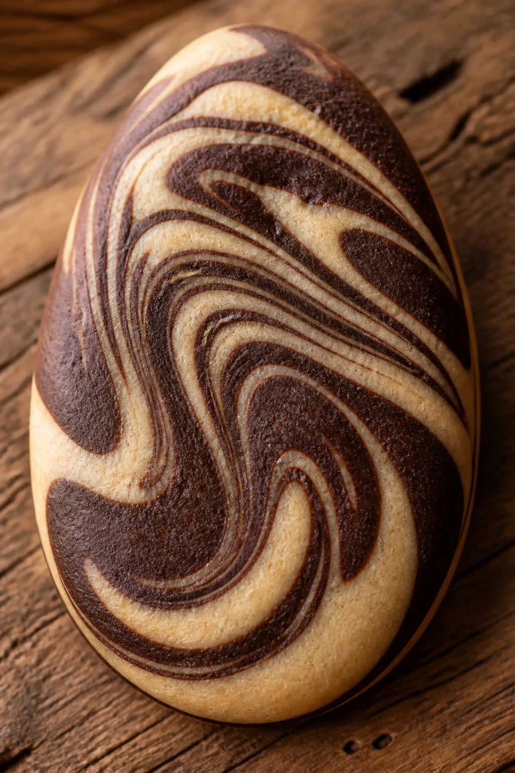 Close-up of a chocolate tahini swirl Easter egg cookie with cocoa and tahini swirls