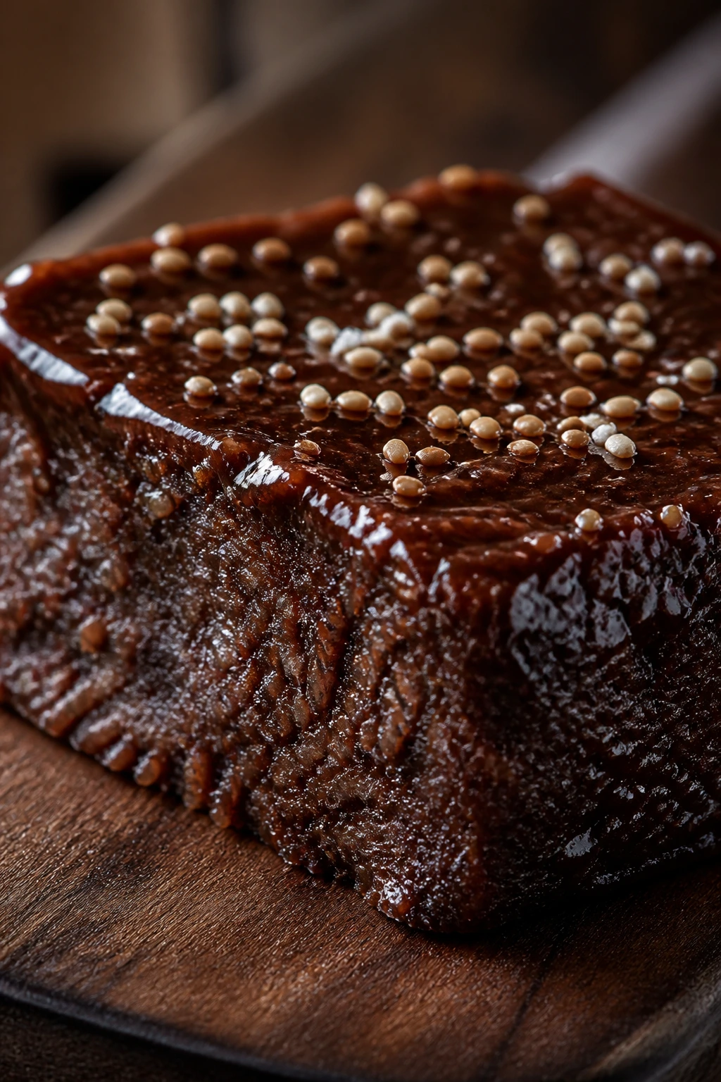 Close-up of a dark, glossy chocolate-tahini sticky rice cake slice with sesame seeds