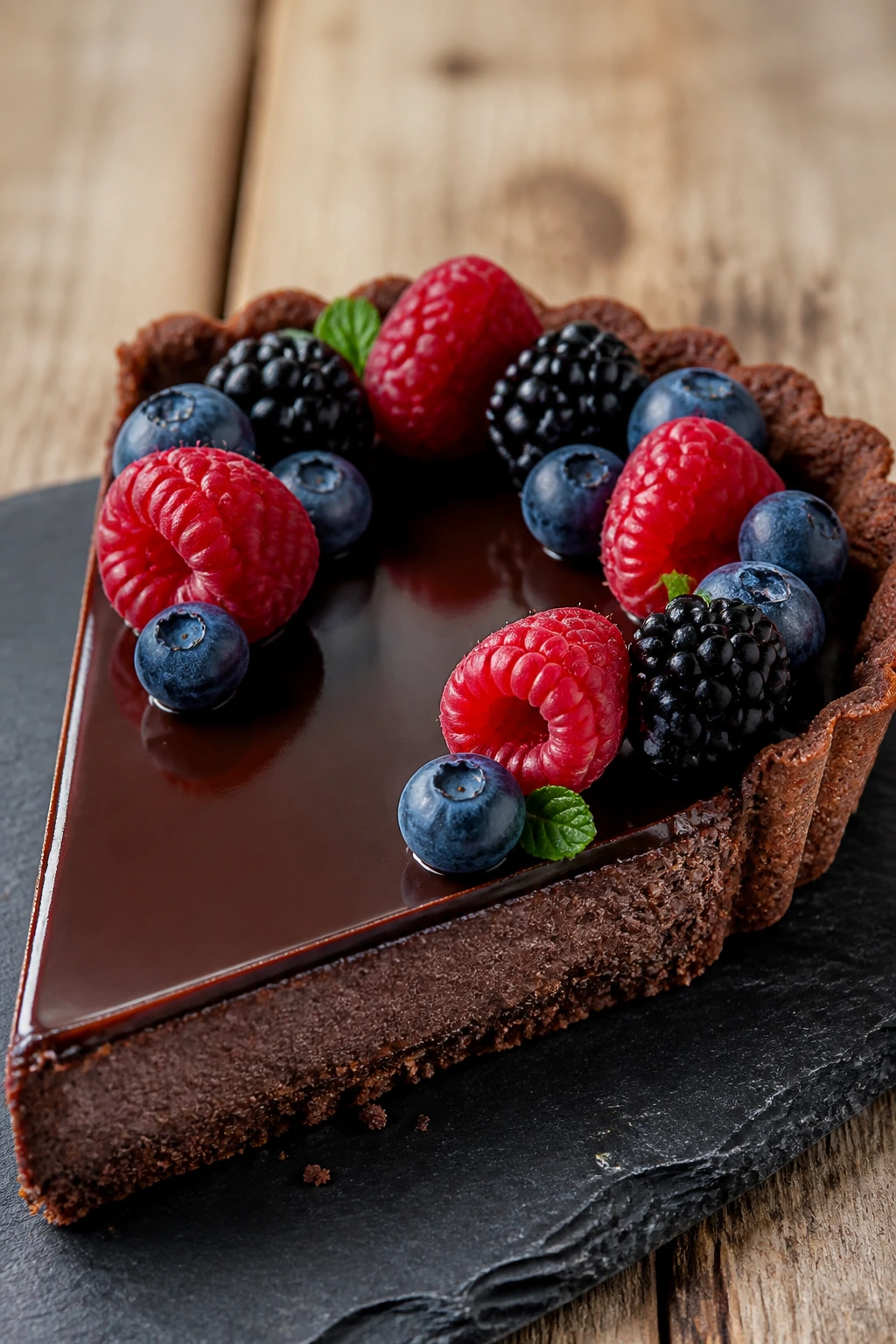 Close-up of chocolate tart with berry crown on a plate