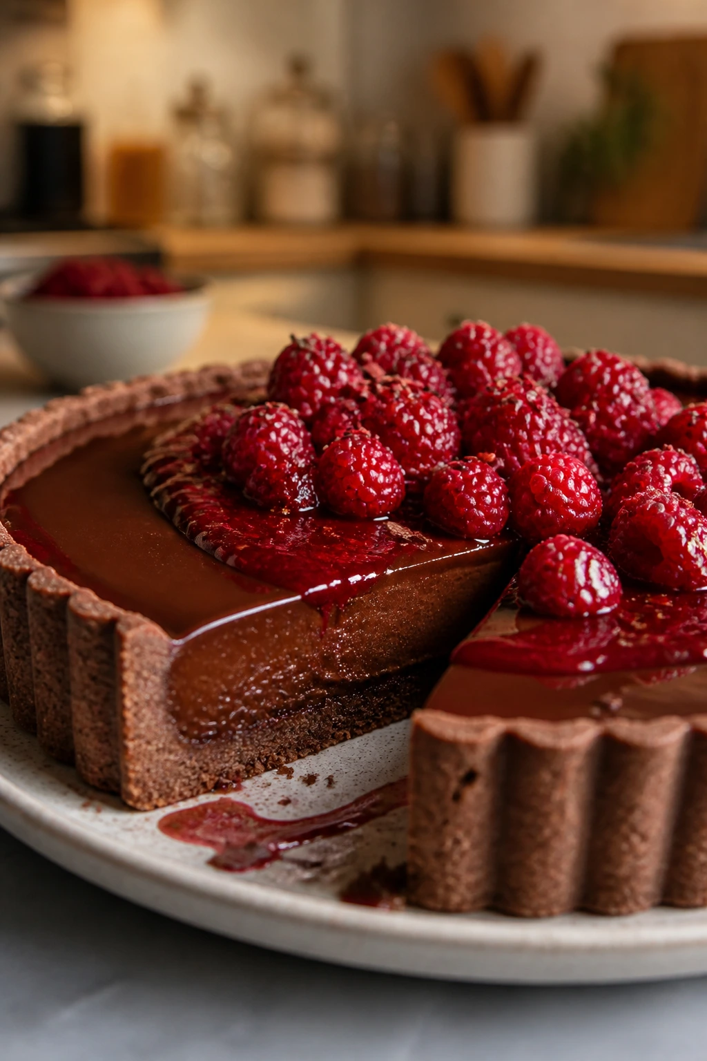 Glossy chocolate raspberry tart filling the plate with crisp crust in a cozy kitchen