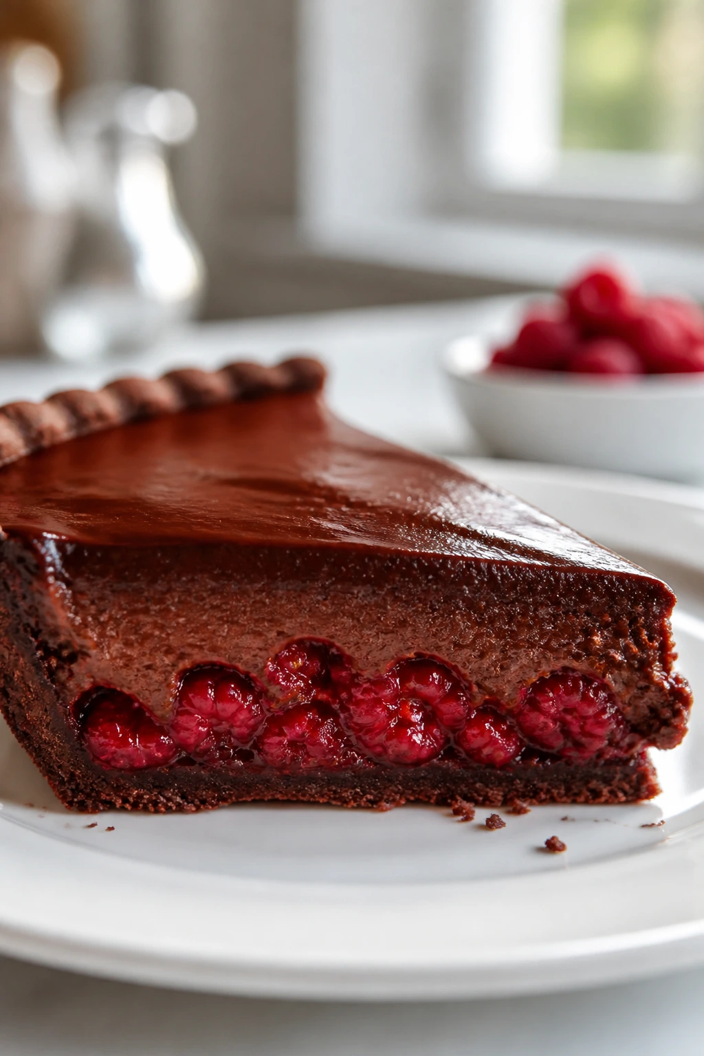 Glossy chocolate tart slice with raspberry layer on a white plate