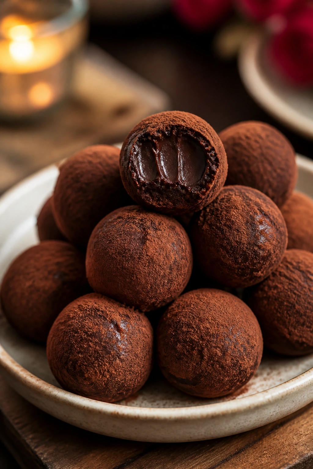 Chocolate truffles dusted with cocoa arranged on plate