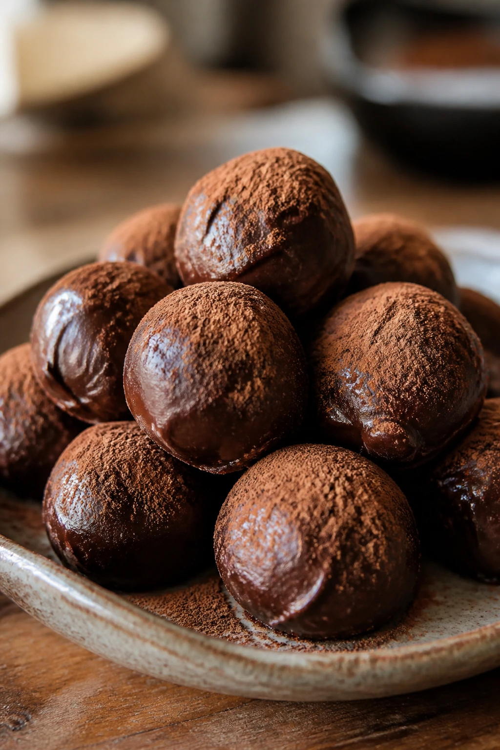 Close-up of chocolate spice truffles dusted with cocoa on a rustic plate