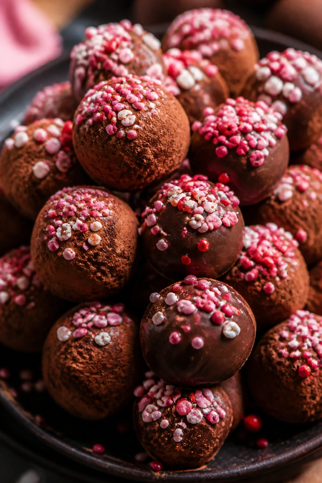 Chocolate truffles with sprinkles on a dark plate