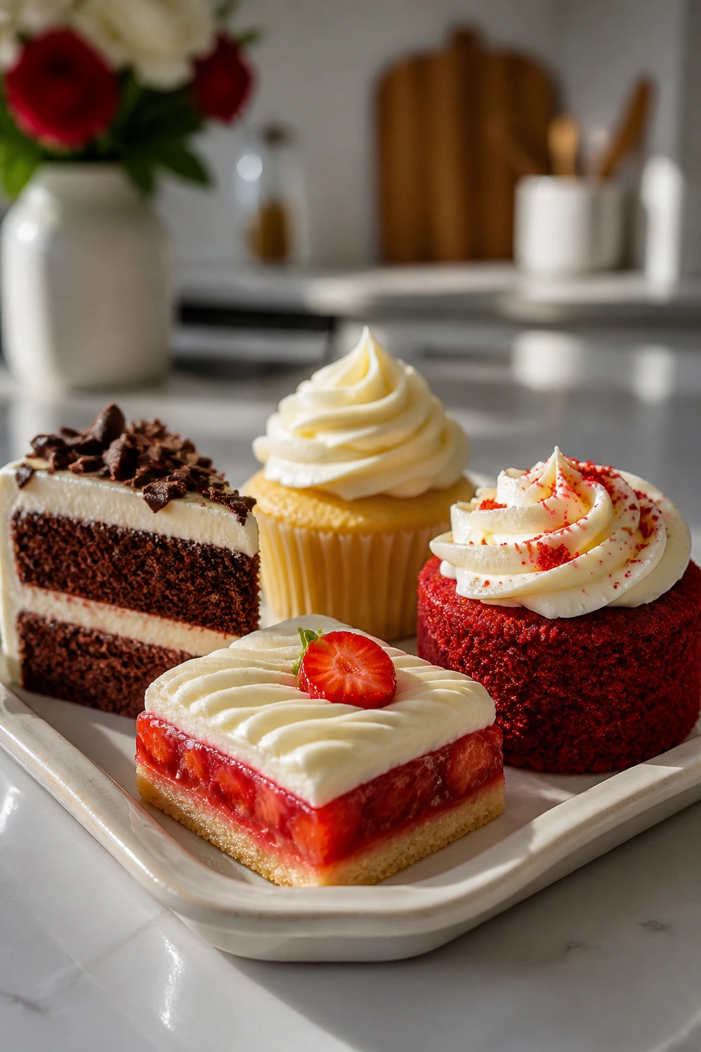 Small tasting tray of chocolate, vanilla, berry, and strawberry desserts with cream cheese frosting