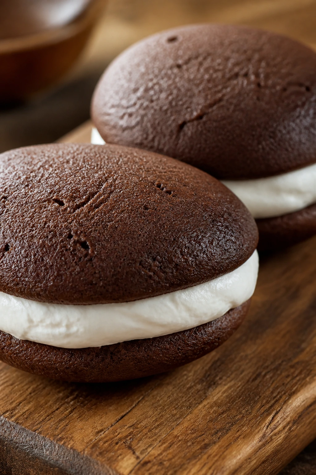 Two chocolate whoopie pies with filling on a wooden board