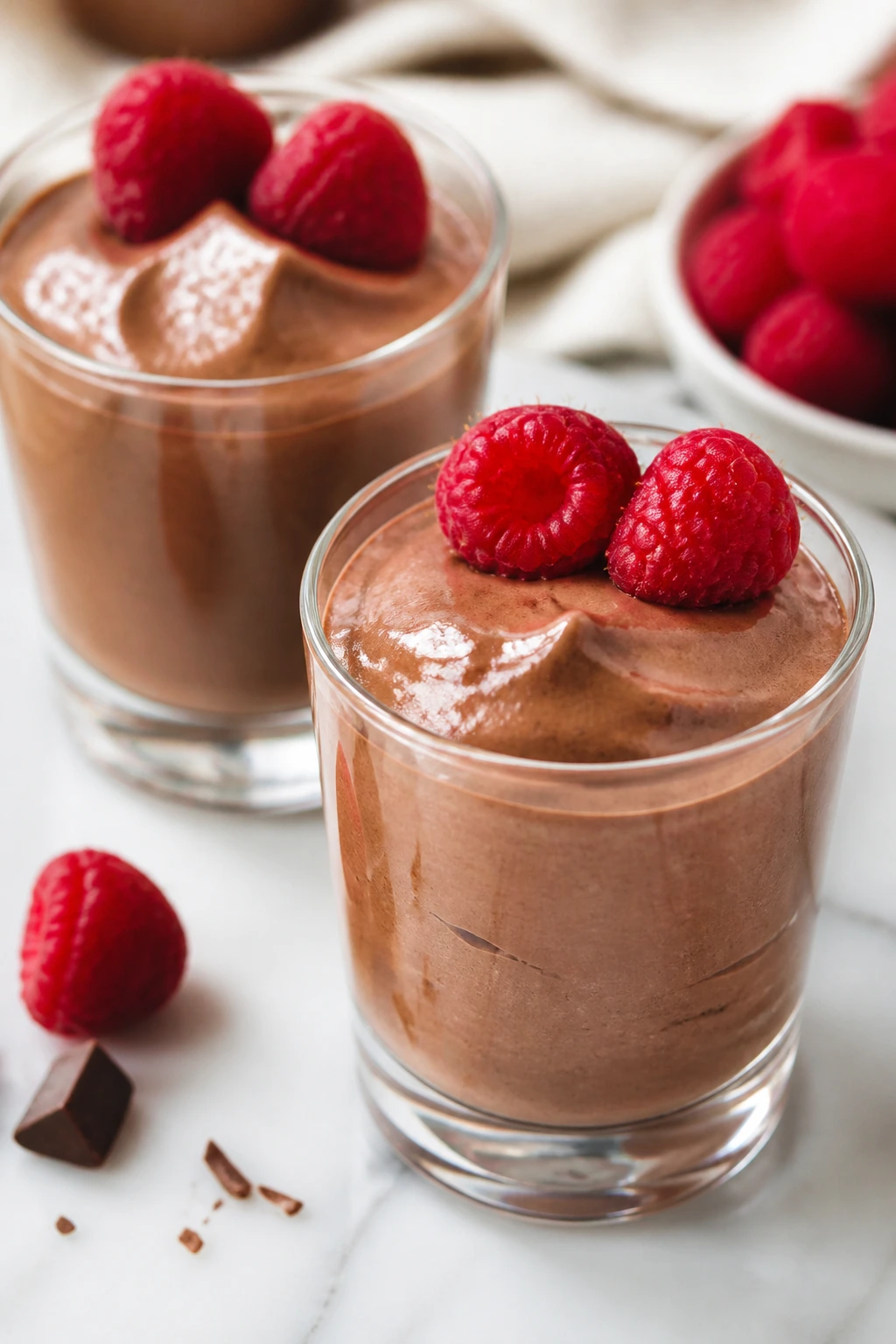 Two clear glasses with chocolate yogurt mousse and raspberries on a bright kitchen table