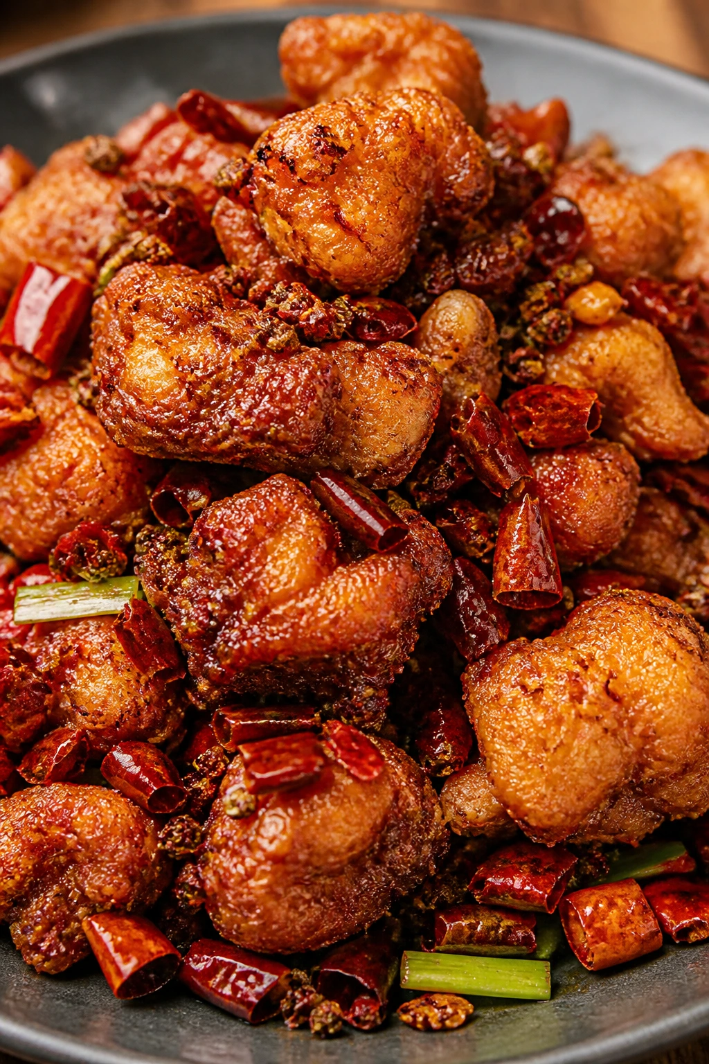 Close-up of crispy Chongqing spicy chicken with red chilies and peppercorns