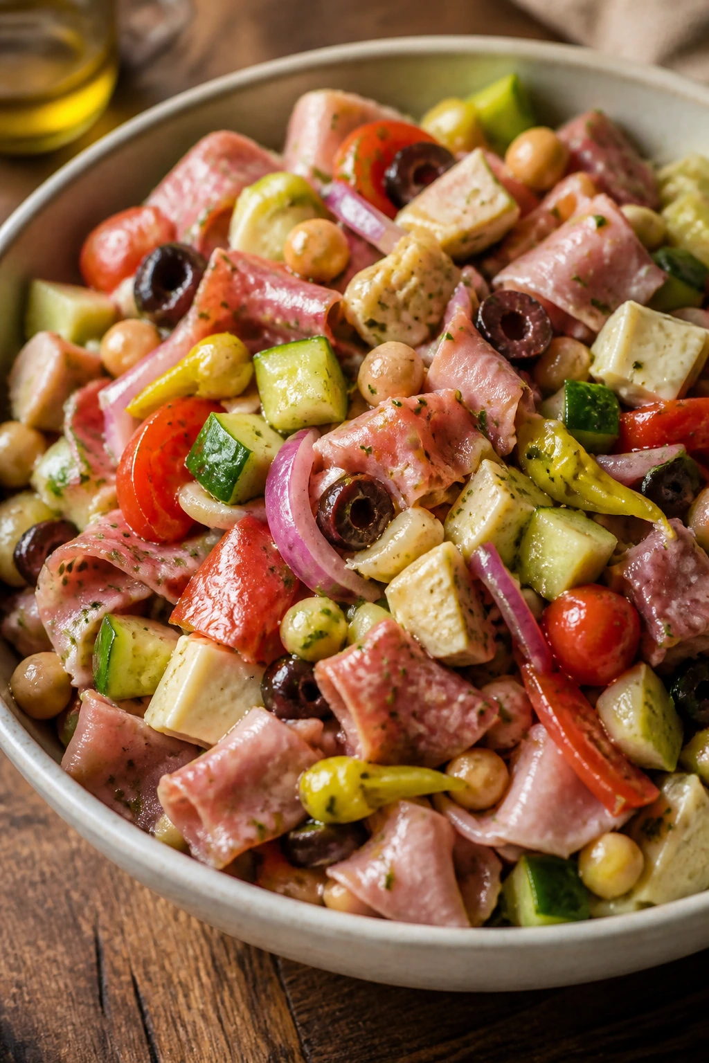 Close-up of a bowl of chopped Italian sub salad with meats, cheese, and vegetables on a wooden kitchen counter