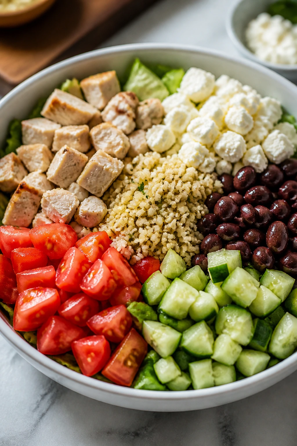 Concept shot of chopped salad components arranged for texture control