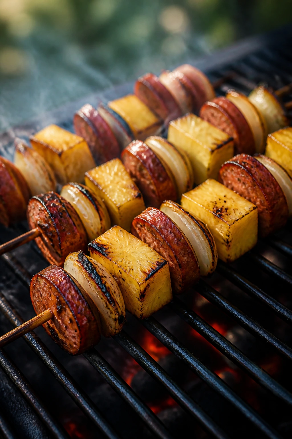 Skewers of chorizo and pineapple on a grill