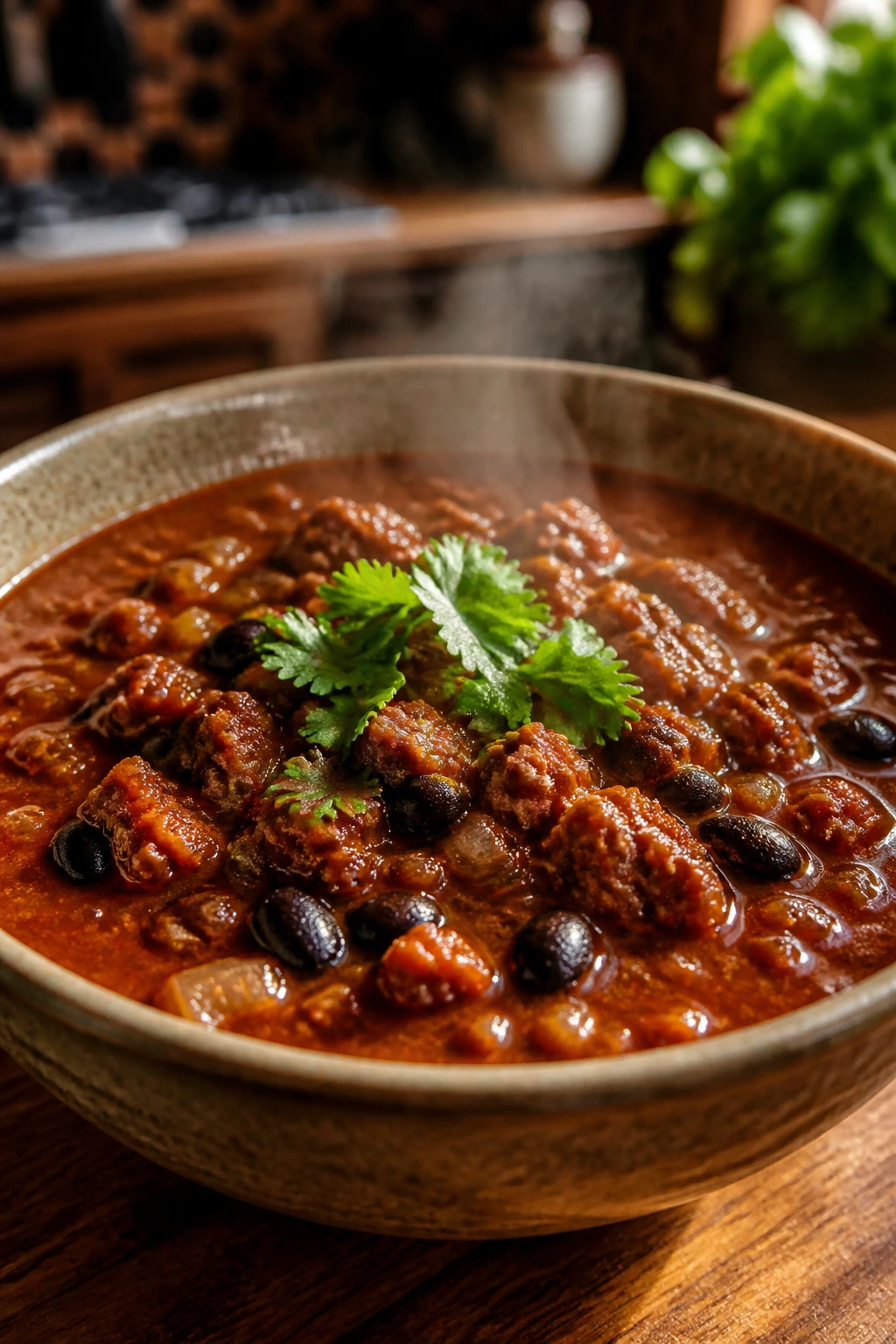 Close-up of Spicy Chorizo Black Bean Soup with chorizo and black beans in red broth.