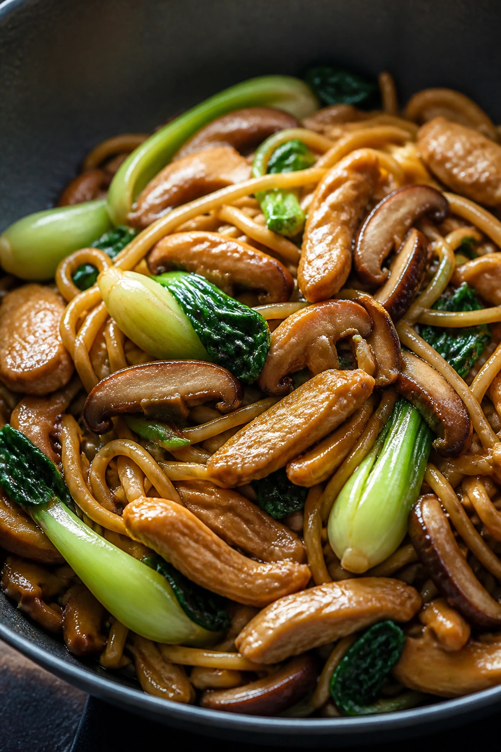 Variation chow mein with mushrooms and bok choy