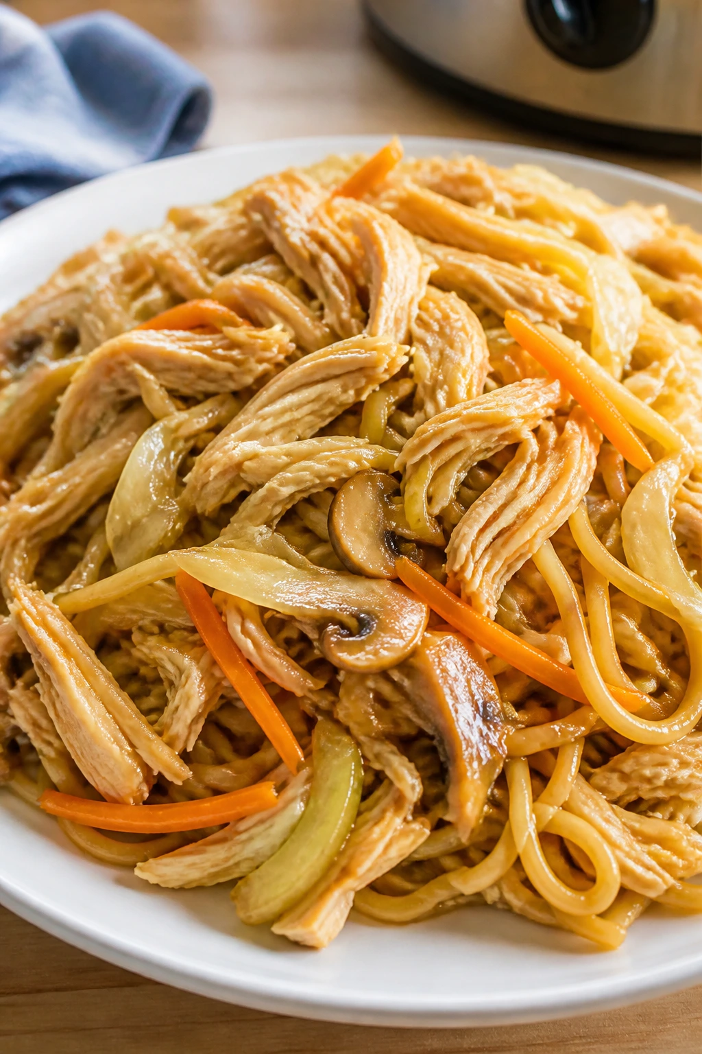 Medium close-up of chow mein chicken with vegetables and noodles