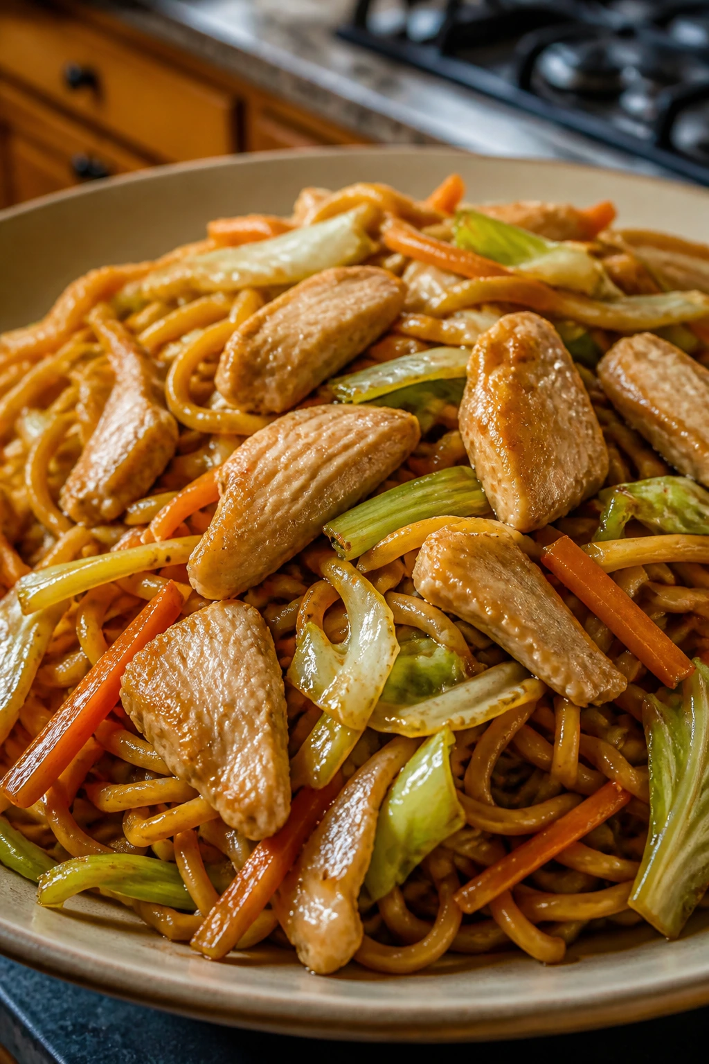 Close-up of chicken chow mein on plate with noodles and vegetables