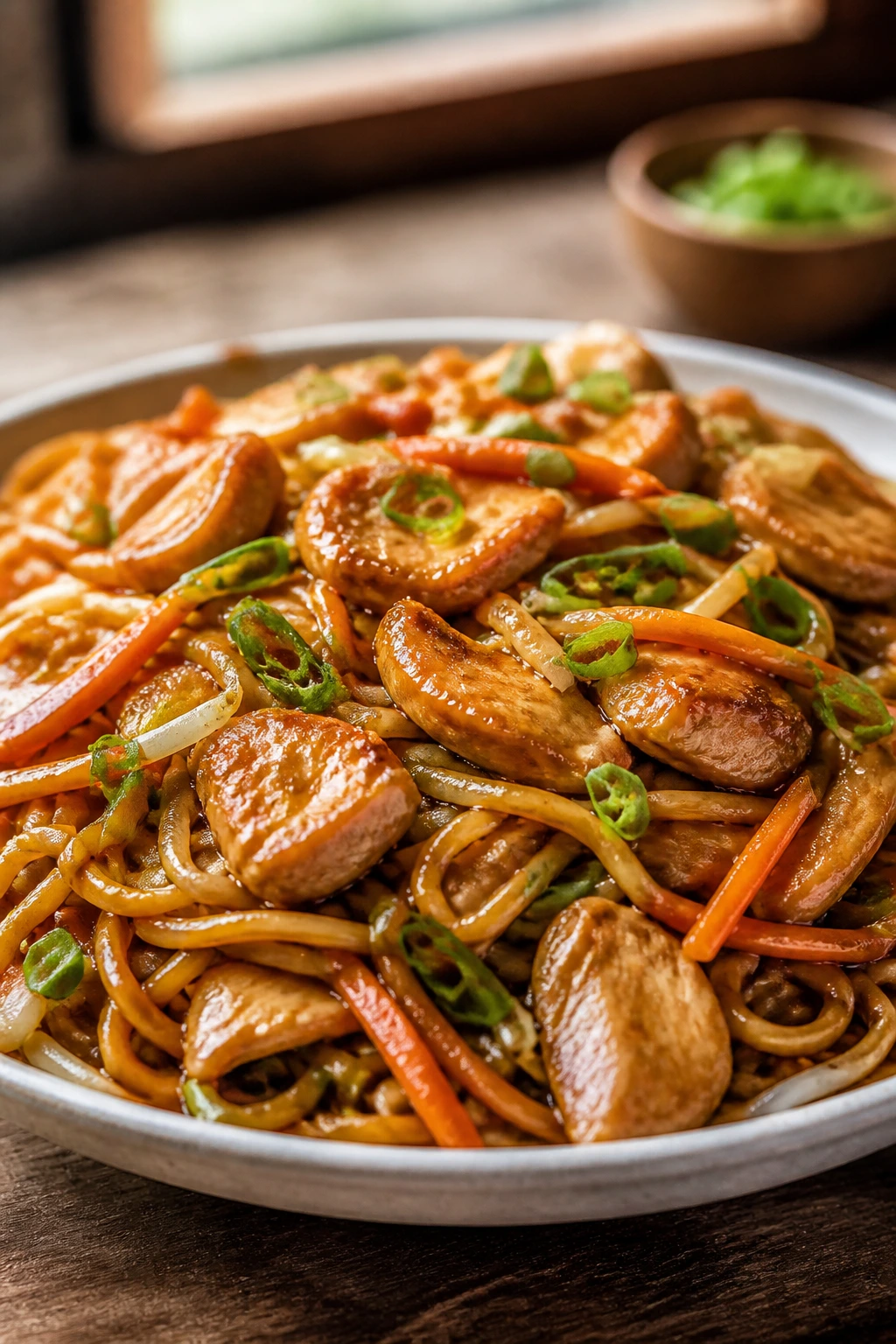 Close-up of plated chicken chow mein in a shallow bowl with glossy noodles and crisp vegetables