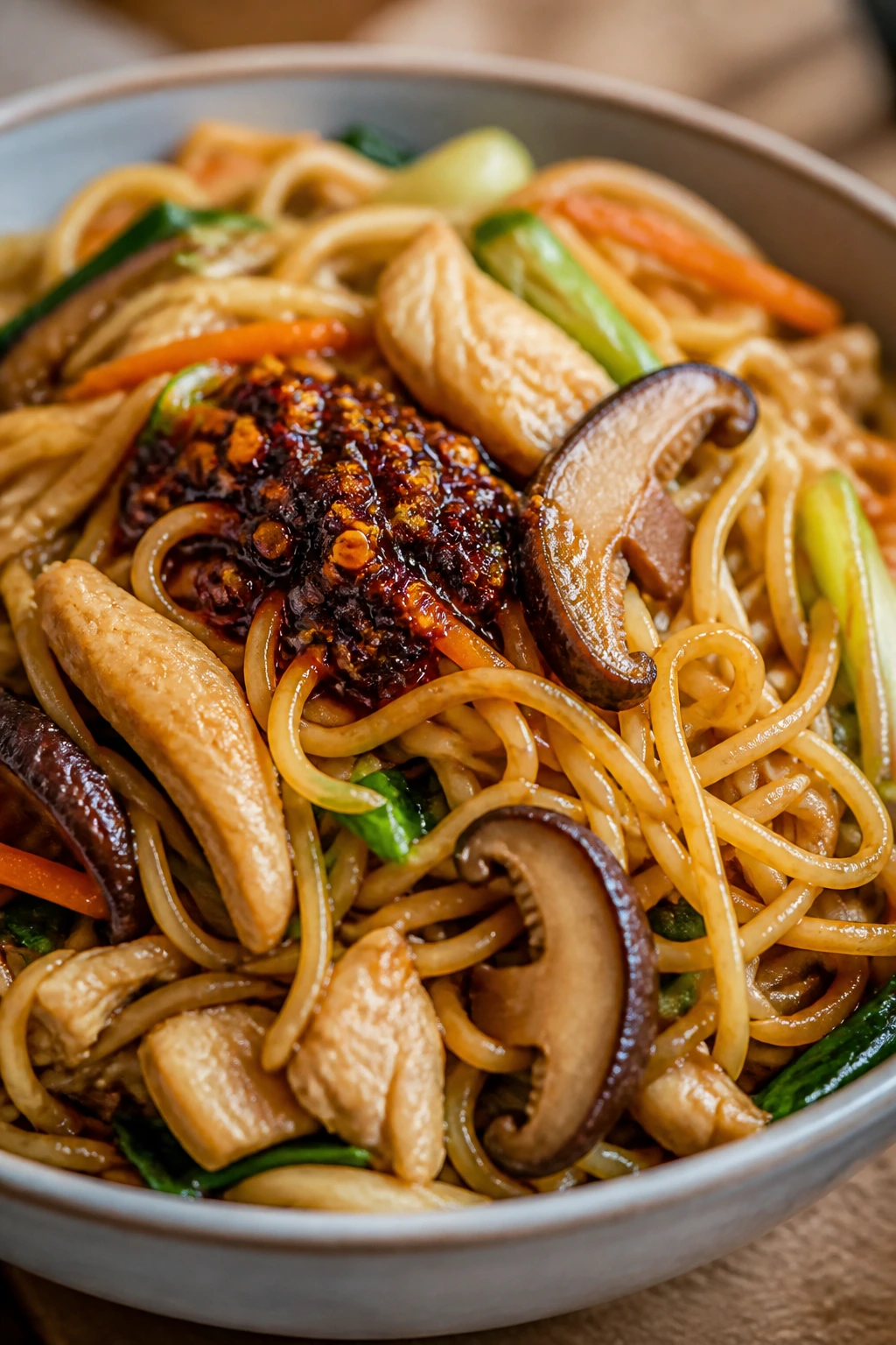 Chow mein with chili crisp and mushrooms, close-up