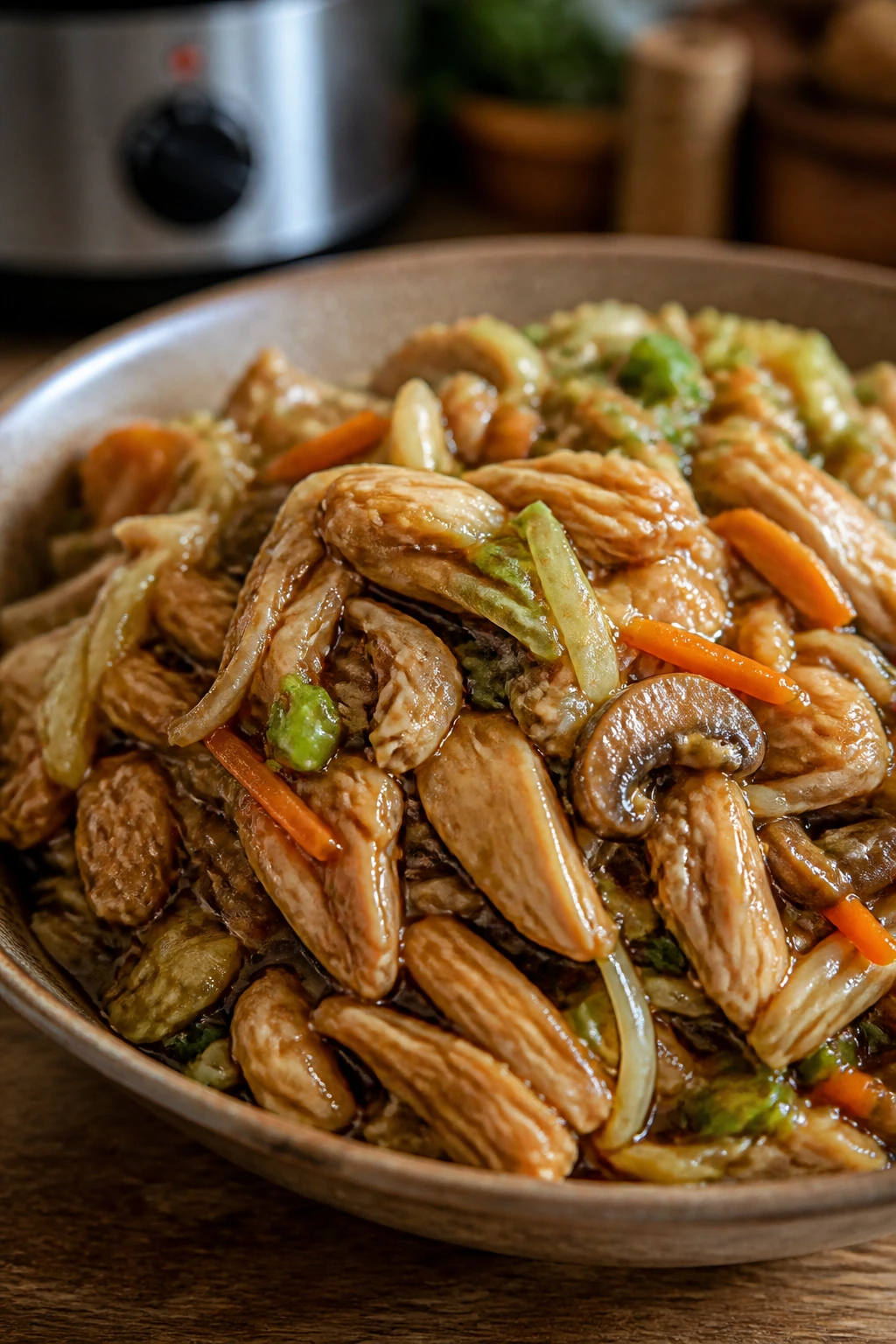 Saucy chicken chow mein filling with cabbage carrots and mushrooms