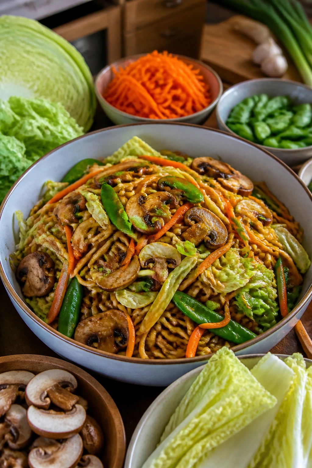 Chow mein with mushrooms, cabbage, carrots and peas