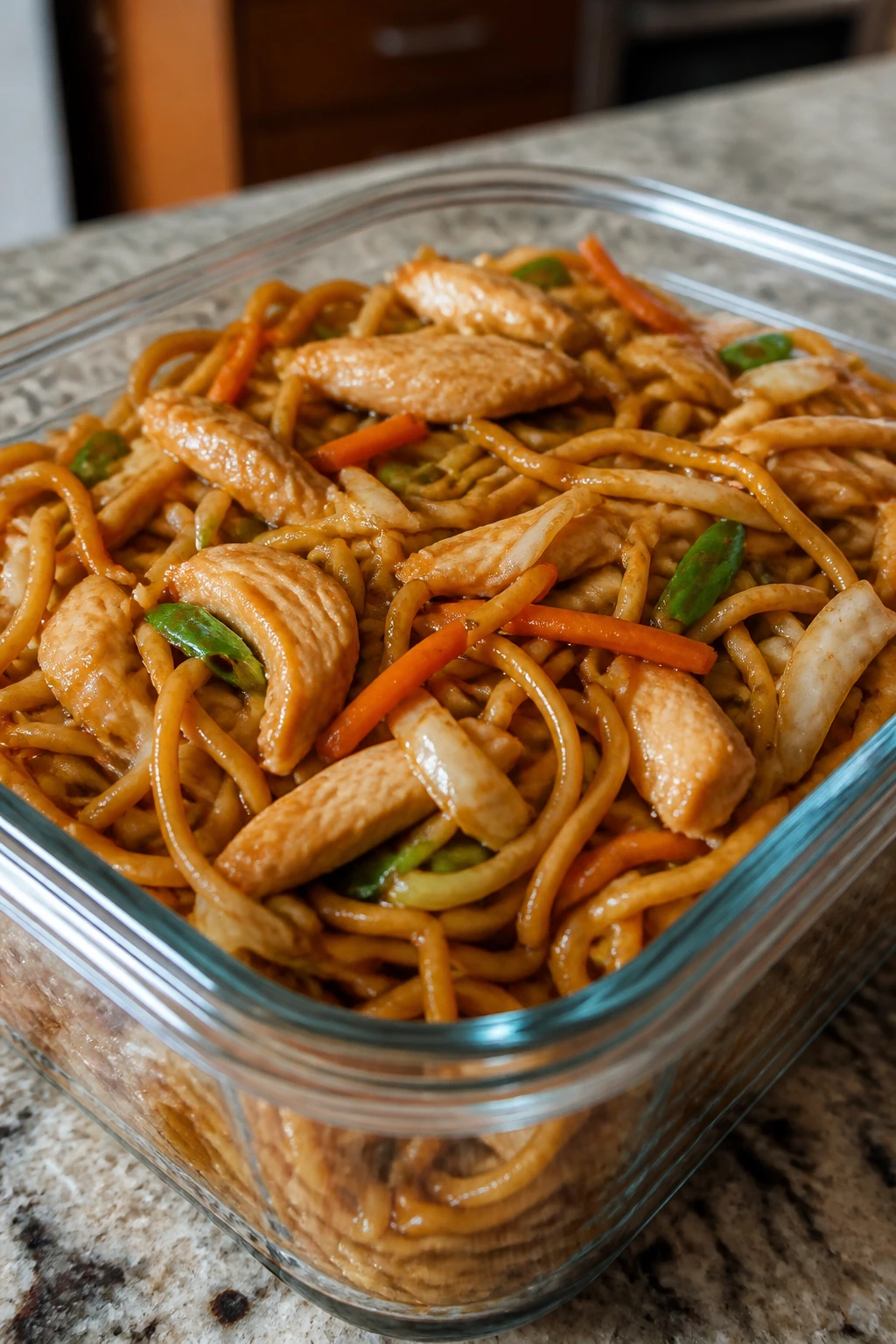 Leftover chicken chow mein in an airtight container