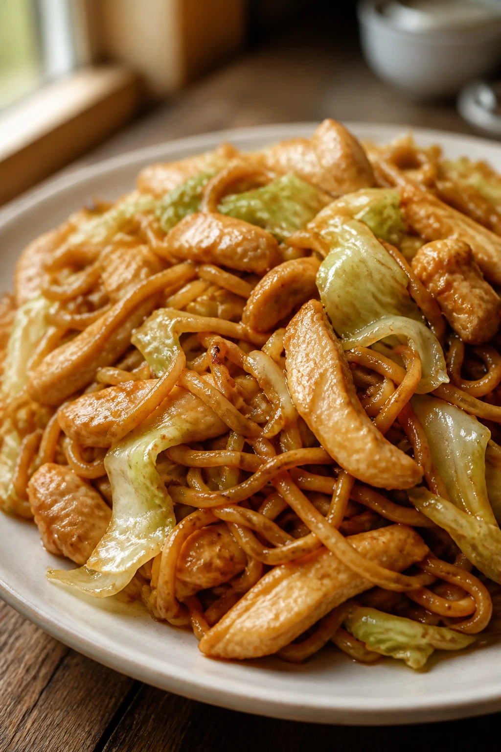Close-up of glossy chicken chow mein with cabbage on a plate