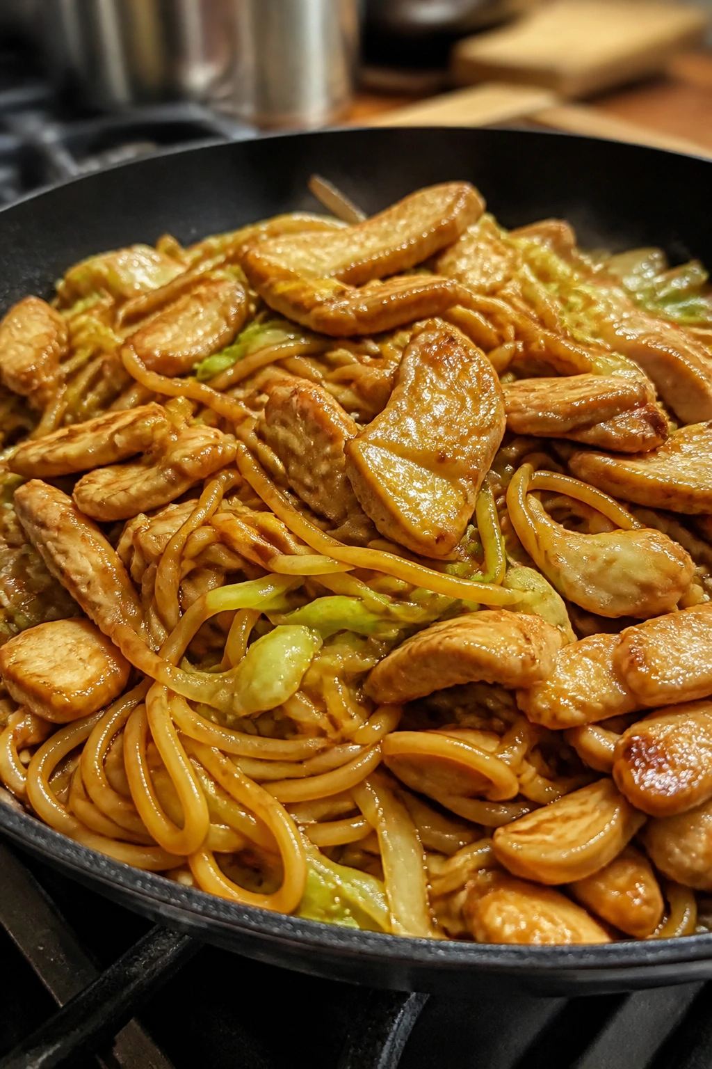 Close-up of chicken chow mein with cabbage and noodles