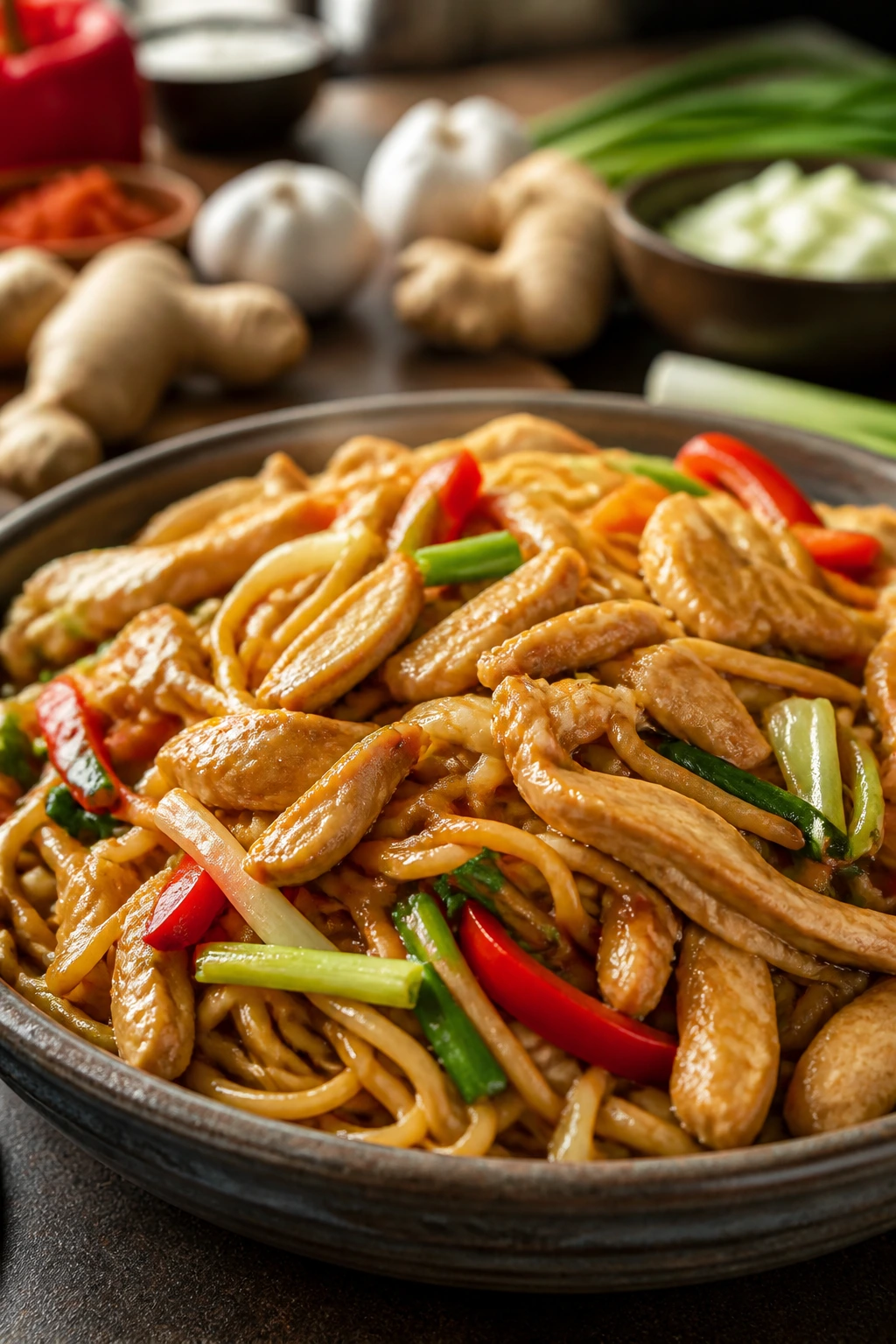 Glossy chicken chow mein plated with vegetables in a bright kitchen