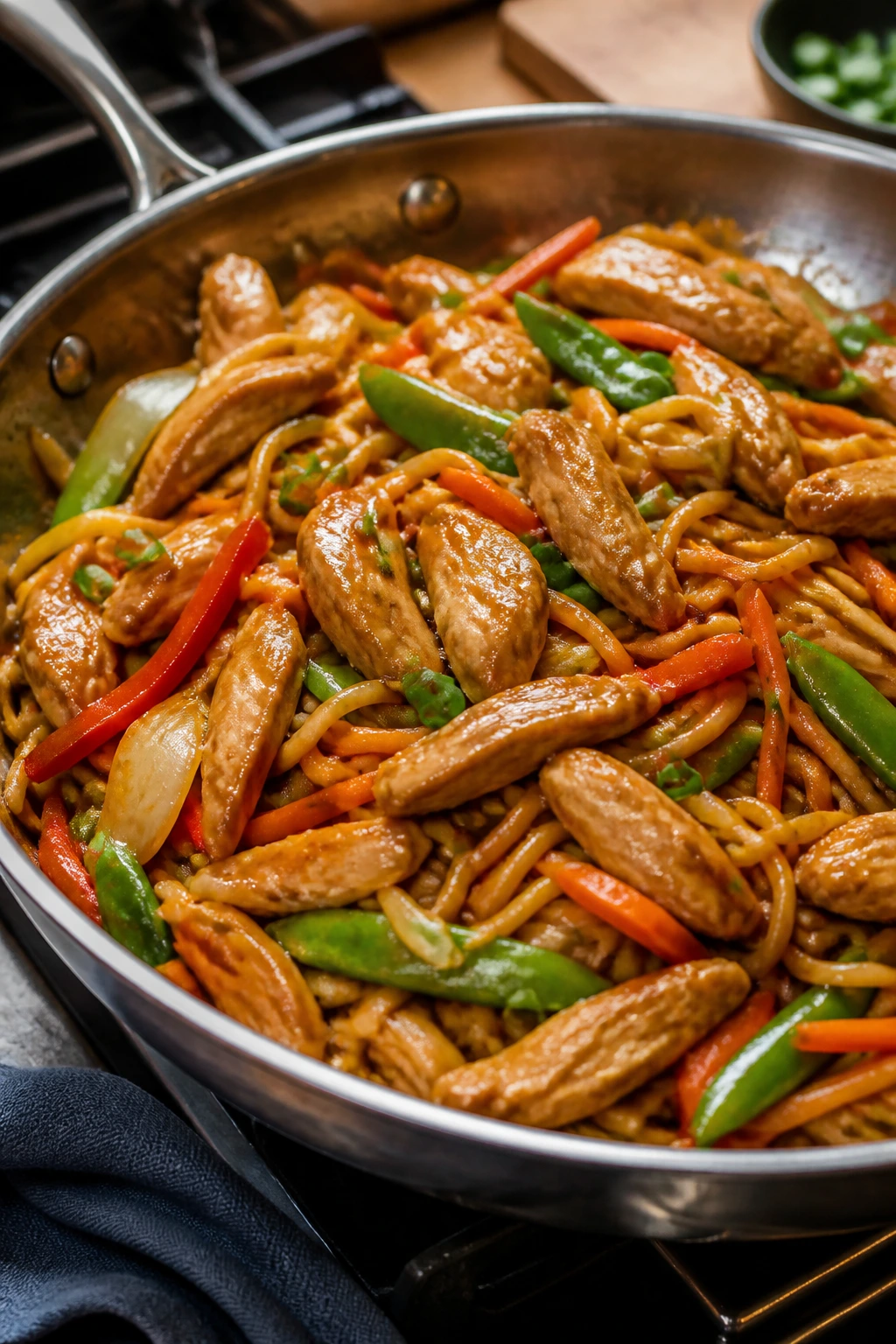 Close-up of tender chicken chow mein in a skillet with glossy sauce and colorful vegetables in a warm kitchen setting