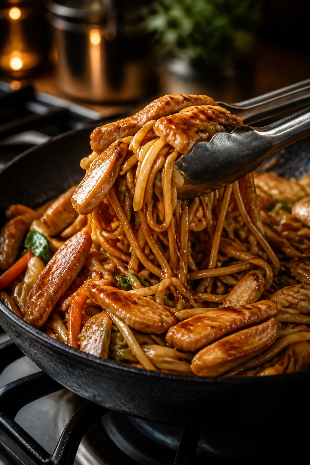 Chicken chow mein cooking in a skillet with glossy noodles and vegetables