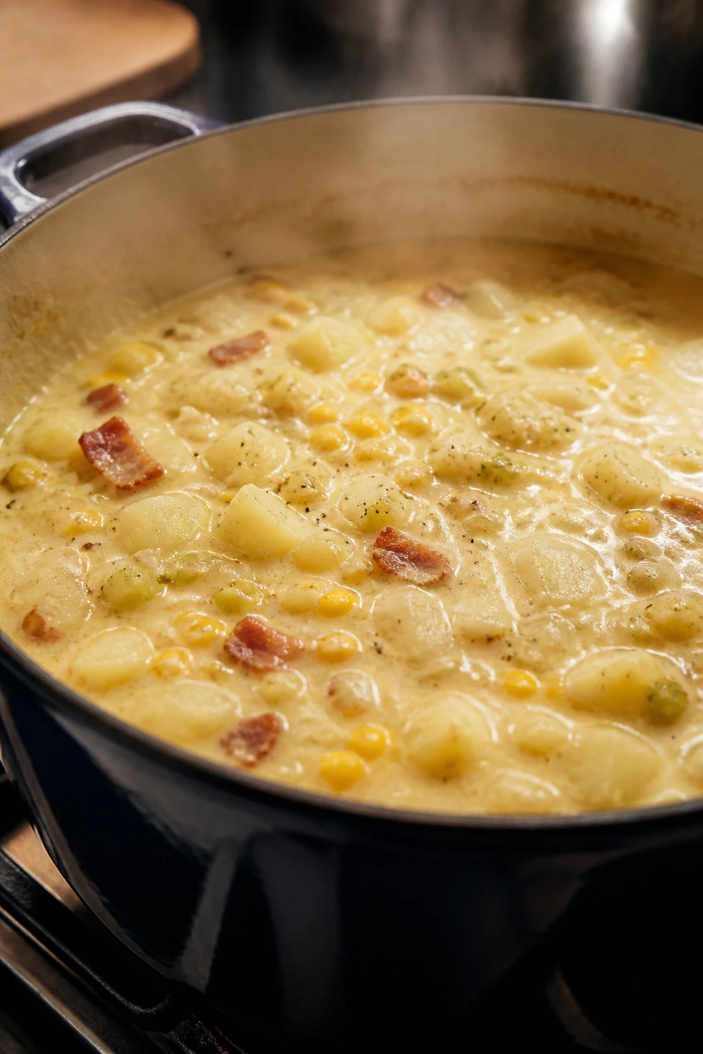Close-up of a simmering chowder base in a pot on the stove