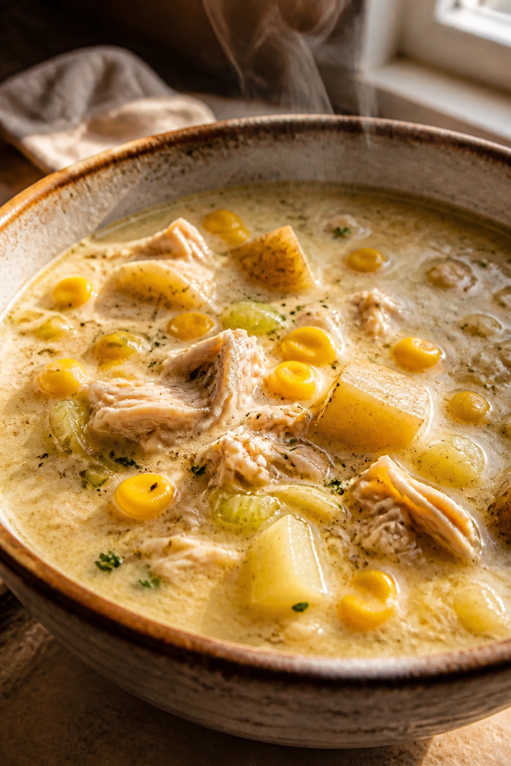 Close-up of creamy chicken corn chowder in a bowl with visible ingredients