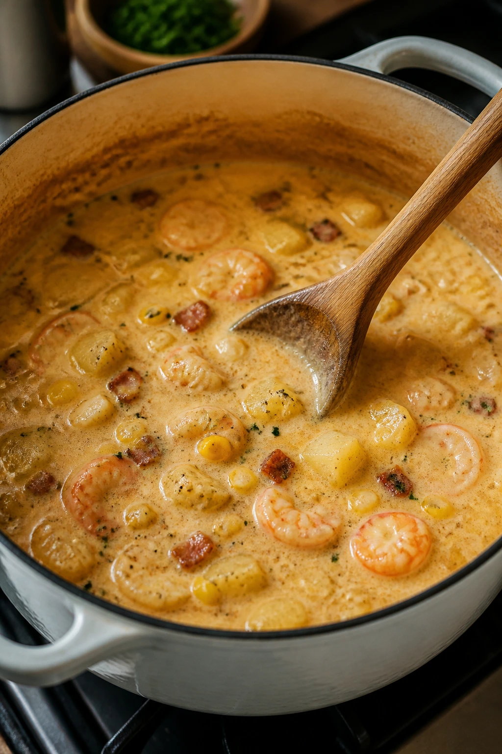 Close-up of a simmering chowder in a pot with corn and potatoes