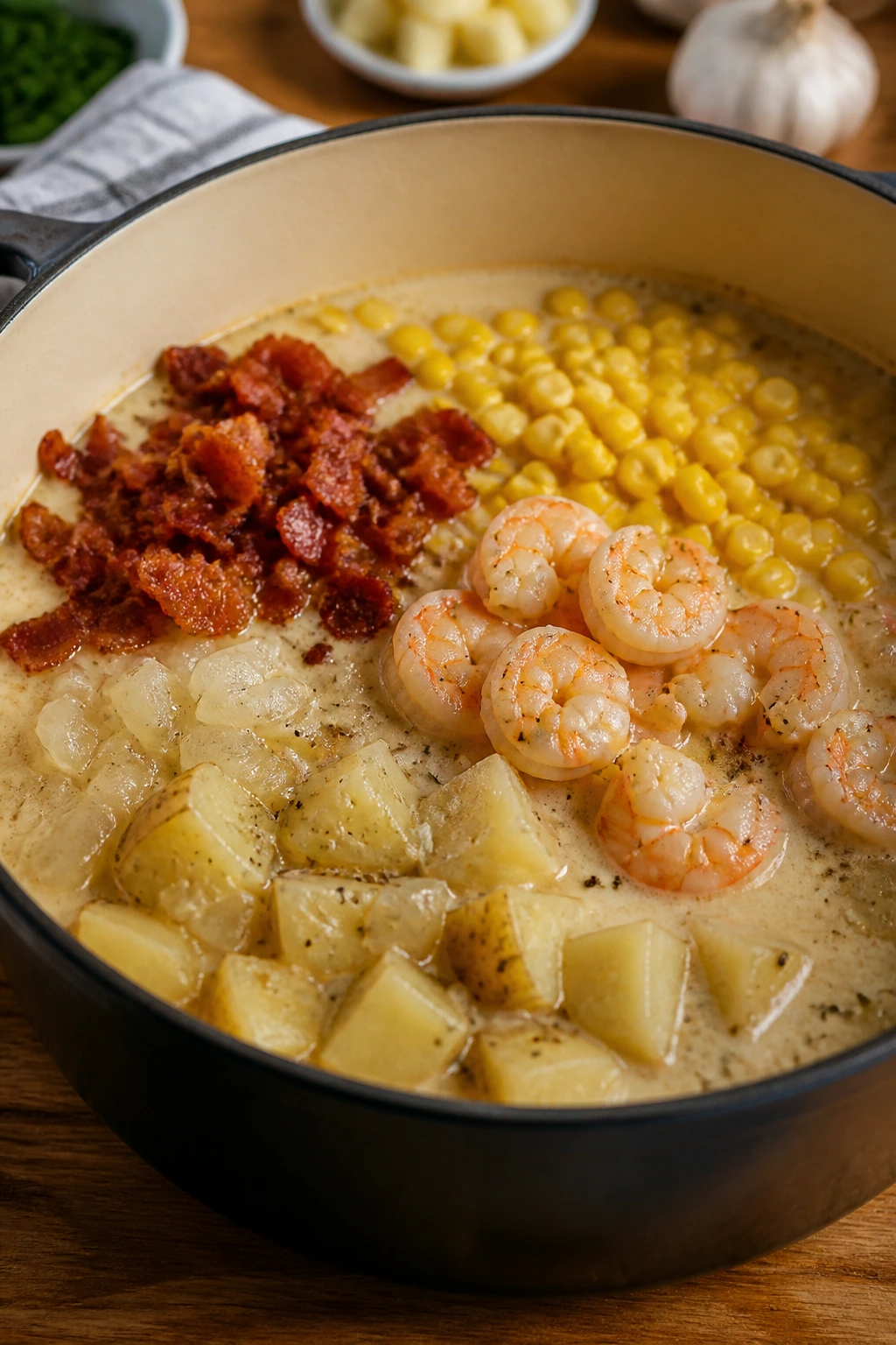 Close-up of creamy chowder with bacon, corn, potatoes, and shrimp in a pot