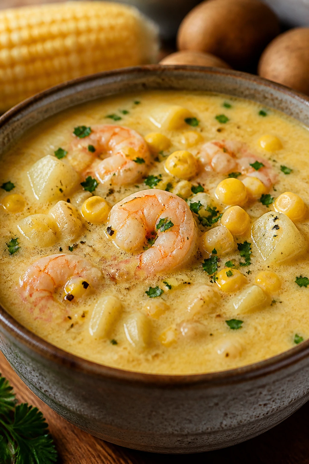 Close-up of creamy chowder in a rustic bowl with corn and potatoes visible