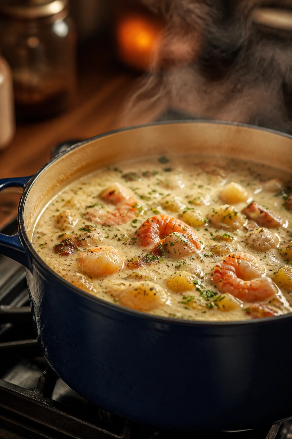 Steam rising from a Dutch oven filled with creamy seafood chowder