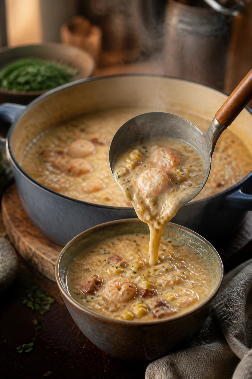 Ladle serving smoky shrimp corn chowder into a bowl on a wooden counter