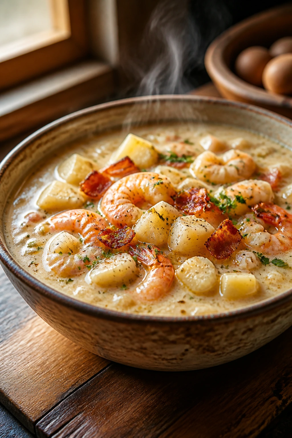 Steaming chowder in a rustic bowl on wooden table