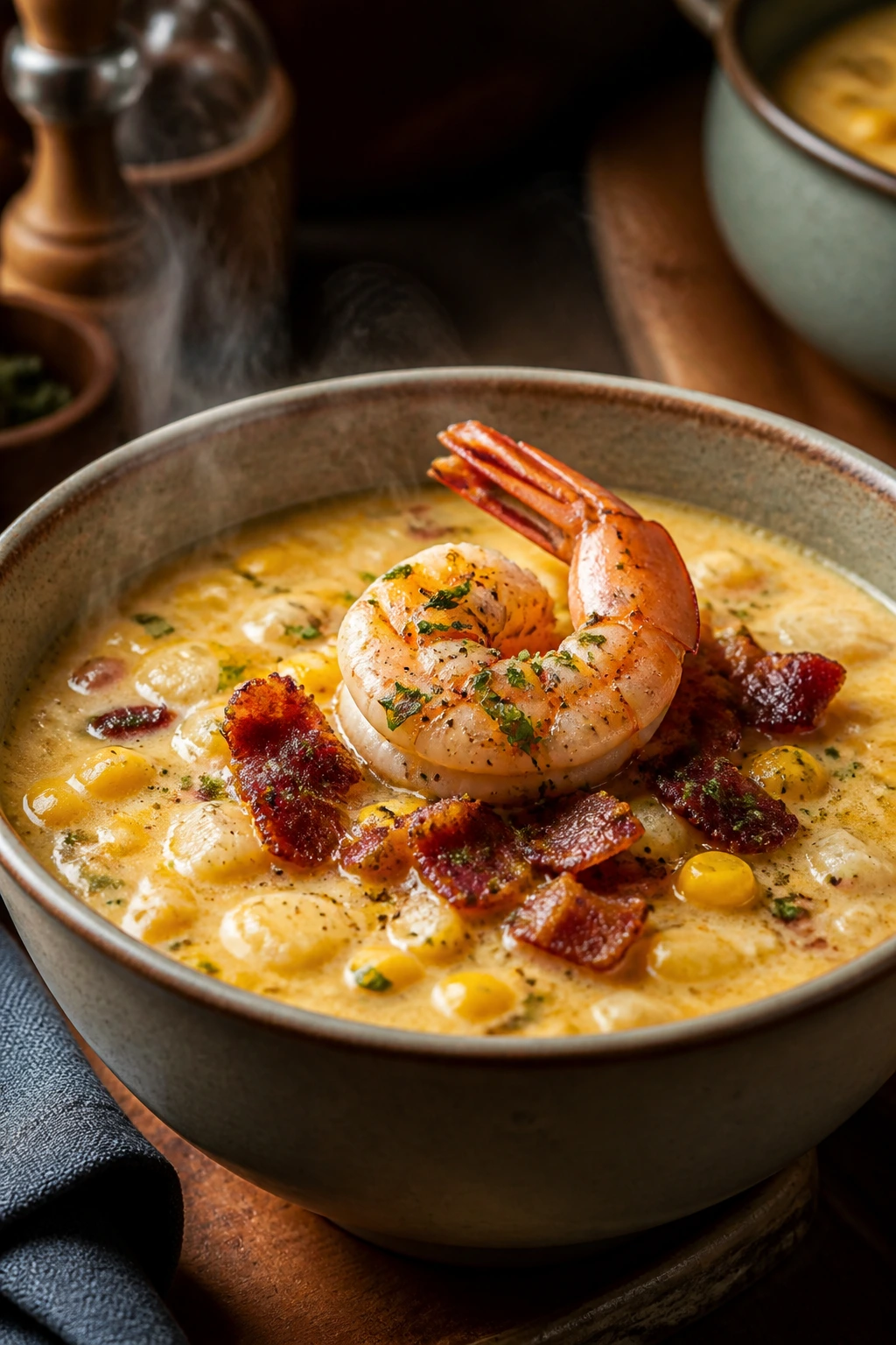 Steaming chowder bowl with shrimp and bacon garnish.