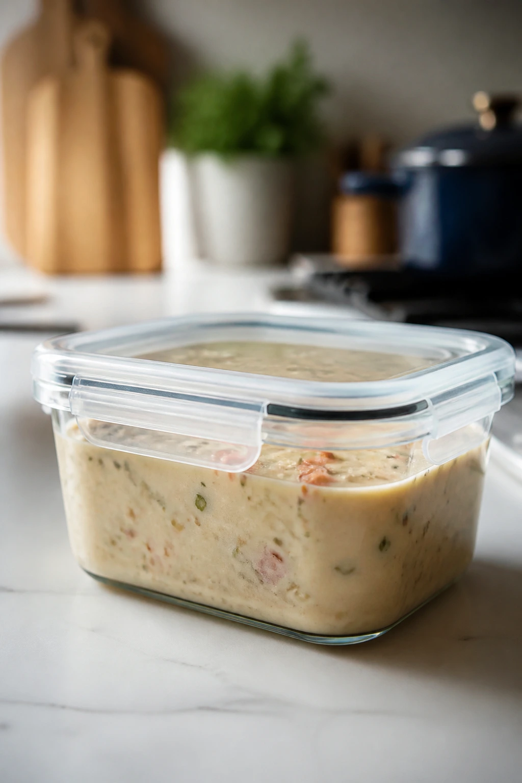 Chowder in a glass storage container on kitchen counter