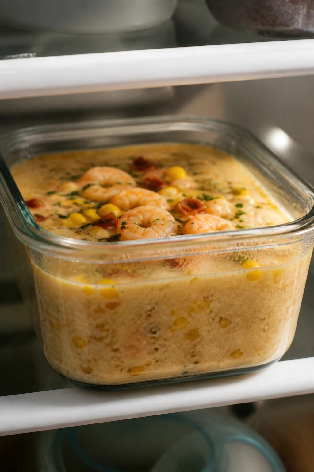 Chowder stored in a glass container in the fridge.