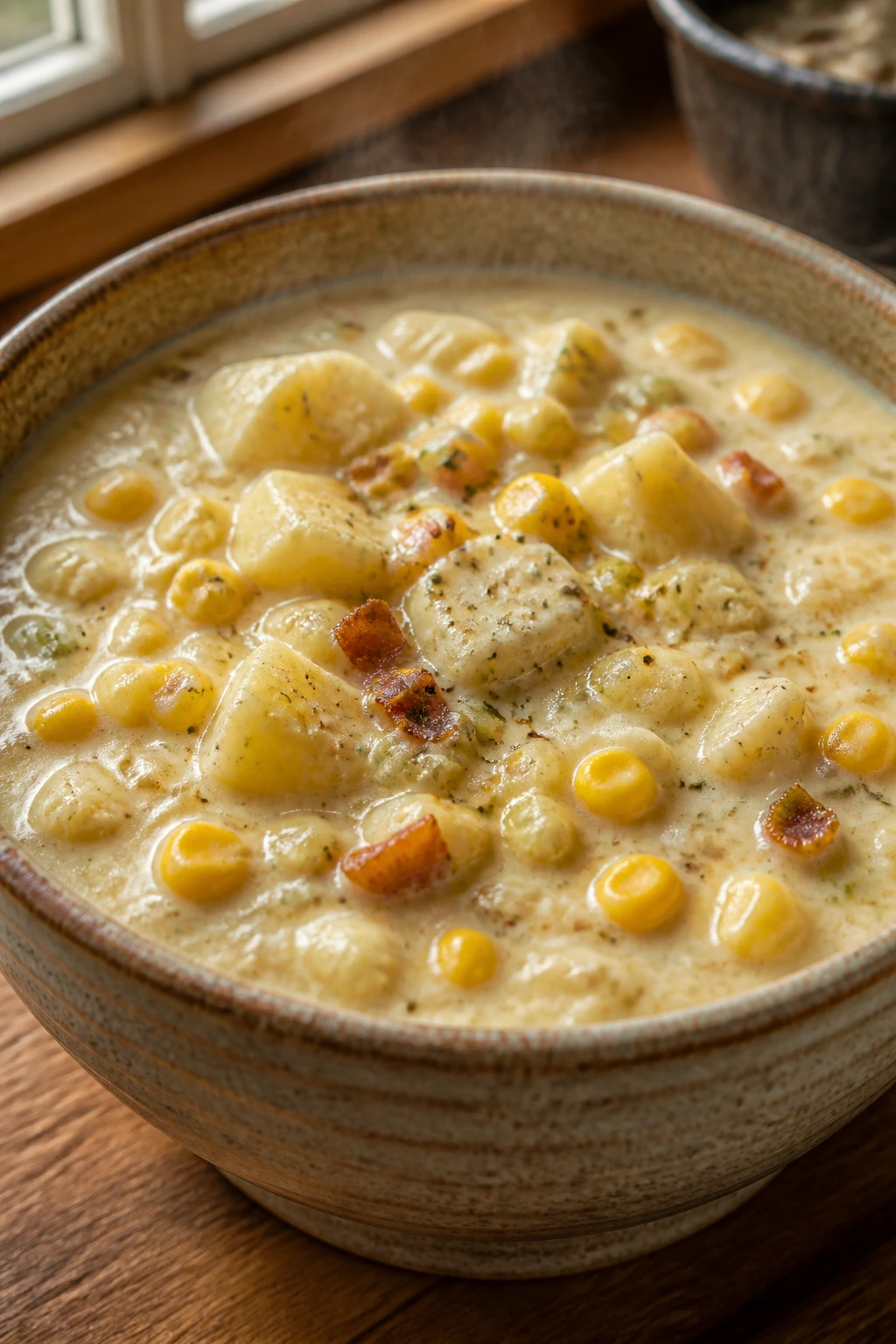 Close-up of thick chowder with potatoes and corn in a rustic bowl on a wooden counter
