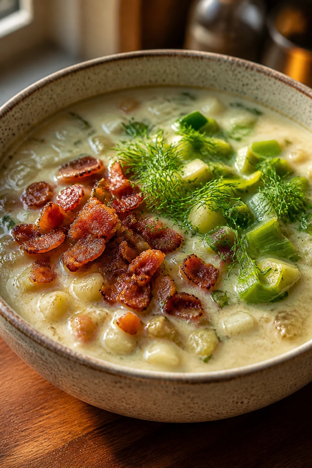 Close-up of a chowder bowl with varied toppings suggesting dairy-light, smoky, and green garden adaptations