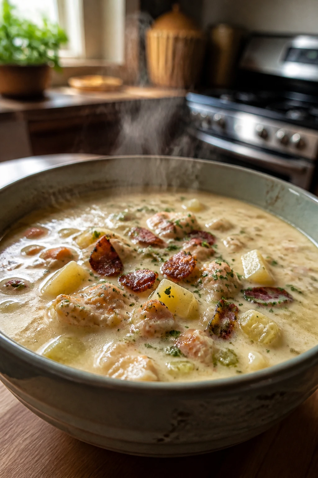 Close-up of a creamy chowder in a bowl in a warm kitchen