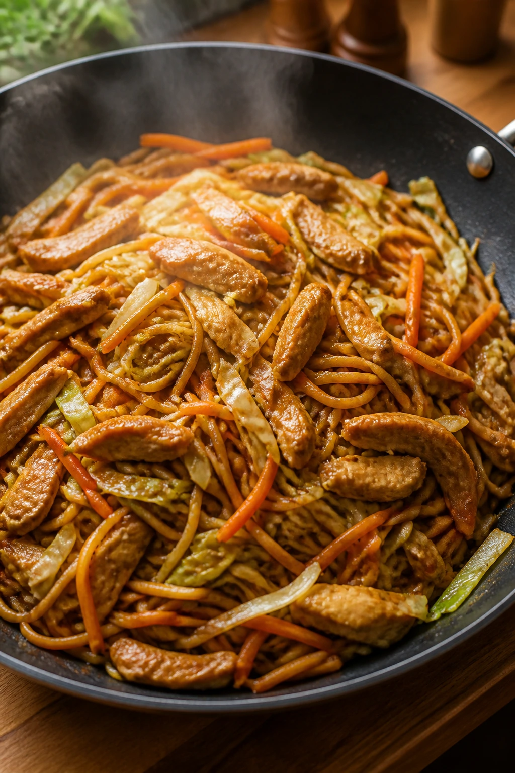 Close-up of chicken chow mein with cabbage and carrots in glossy sauce