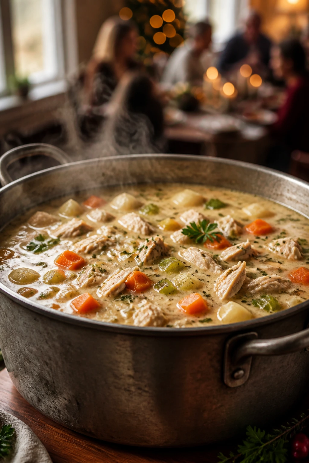 Close-up of a large rustic pot with steaming Christmas soup on a wooden counter
