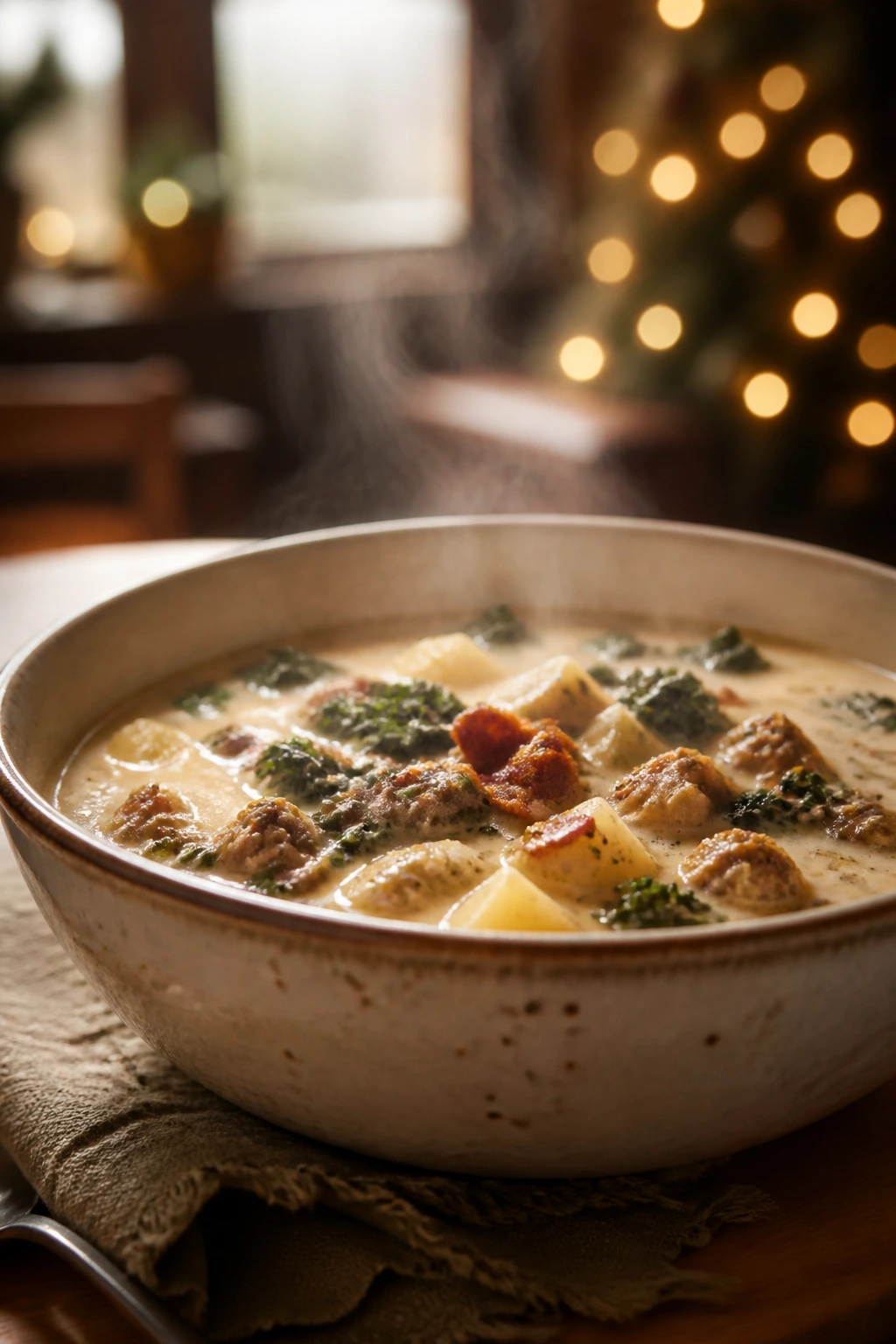 Generous steaming bowl of Christmas soup on a warm dining table