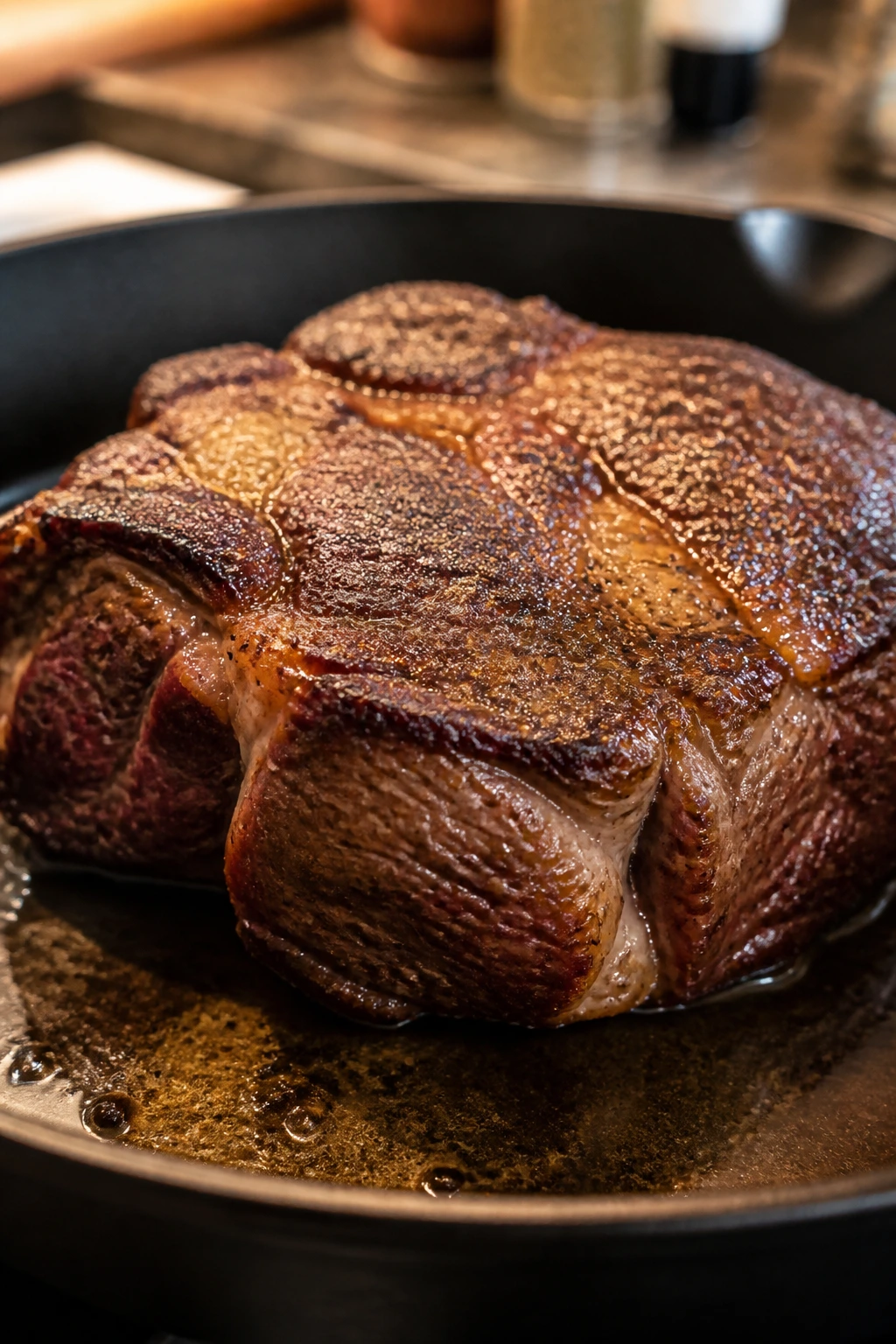 Close-up of a browned chuck roast chunk with marbling and braising juices.